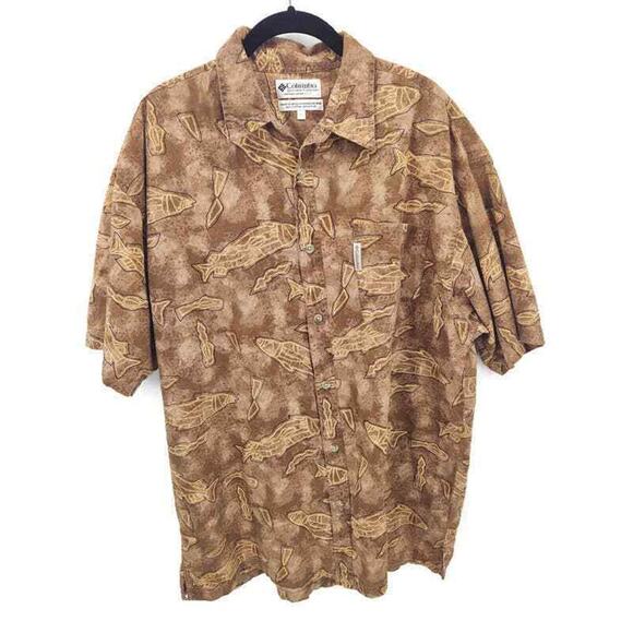 Columbia brown fish print short sleeve button up shirt in size large - Picture 1 of 3
